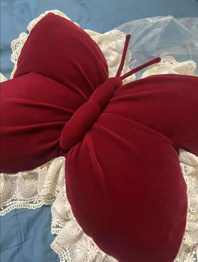 Butterfly Throw Pillow, Butterfly Shaped Decorative Pillow for Sofa Couch Bed, Plush Velvet Lumbar Support Cushion for Office Chair & Car Seat (Red)