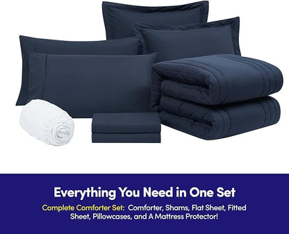 Full Size Comforter Set Quilted Stripe Bedding Bundle – Stylish Set with Comforter, Mattress Protector, Sheet Set & Pillow Shams — Sophisticated Striped Design for Home & Guest Rooms, Navy Blue