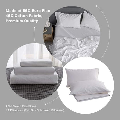 Simple&Opulence Belgian Linen Sheet Set Solid Color - Sheet Set 4PC - Cal King Natural Flax Cotton Blend Soft Bedding Breathable Farmhouse - White, California King