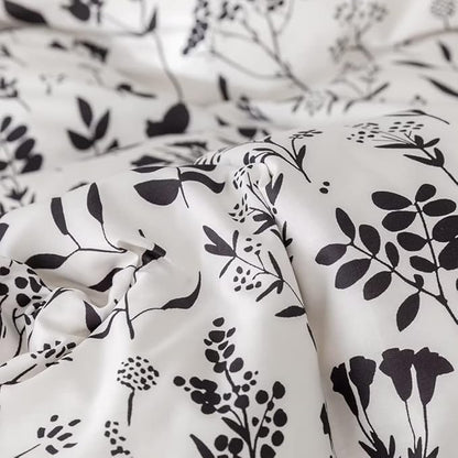 CLOTHKNOW White Black King Size Comforter Set 3Pcs Floral Bedding Comforter Sets White Boho Bedding Sets Black Flowers Comforter Sets