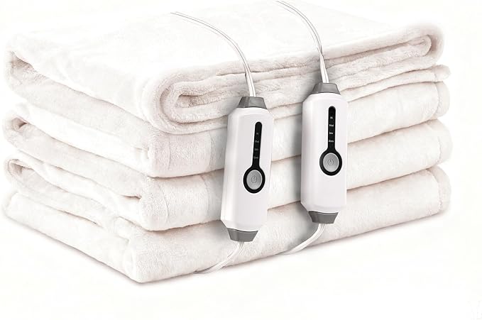 Electric Heated Blanket Queen Size 84"x90", with Dual Control Breathable & Luxurious Flannel, with 4 Heating Levels & 10 Hours Auto-Off, Fast Heating, Machine Washable, for Bedding-White