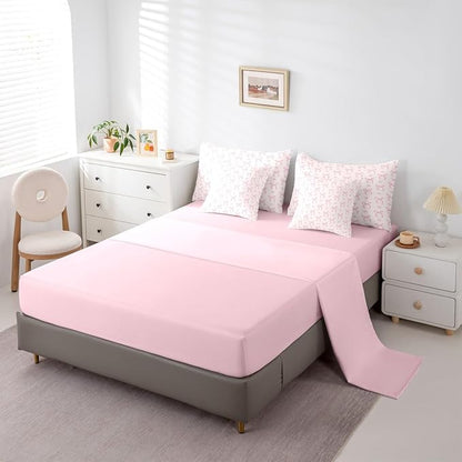 Erosebridal Pink Bow Love Hearts Pink King 7-Piece Comforter Set | Bowknot Kawaii Cute Sheets and Pillowcases Princess Dreamy Ribbon Bed in A Bag Girls Women Teens Bed Sets