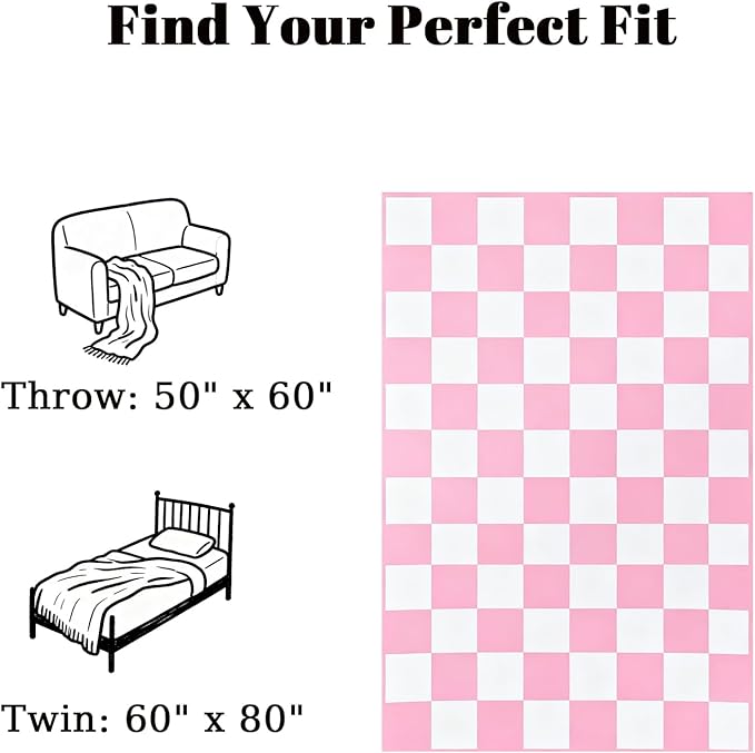 MorroMorn Checkered Throw Blanket for Couch, Pink Throw Blanket 2-Layers Soft Cozy Fleece Plaid Blankets Checkerboard Grid - Fluffy Fuzzy Warm for Sofa Chair Bed Home Decor Gifts, 50x60 inches