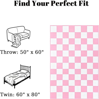 MorroMorn Checkered Blanket for Couch Bed, Baby Pink Throw Blanket 2-Layers Soft Cozy Fleece Plaid Blankets Checkerboard Grid - Fluffy Fuzzy Warm Cute Home Decor Women Girls Gifts, 60x80 inches