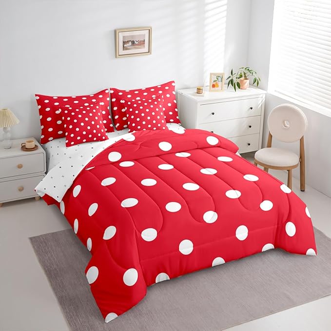 Feelyou Polka Dot 7 Piece Bedding Set Red White Comforter Set with Sheets for Kids Boys Girls Geometric Plaid Bed in a Bag Modern Cute Bed Set Soft Lightweight