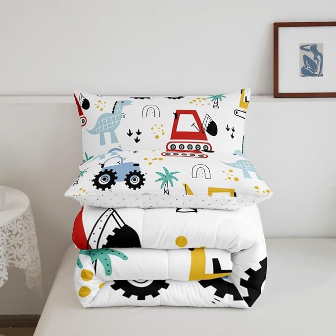 jejeloiu Kids Cartoon Dinosaur Bedding Set Toddle Size Cartoon Car Comforter Set for Boys Girls Construction Excavator Duvet Set Jungle Dino Quilt Set 2Pcs