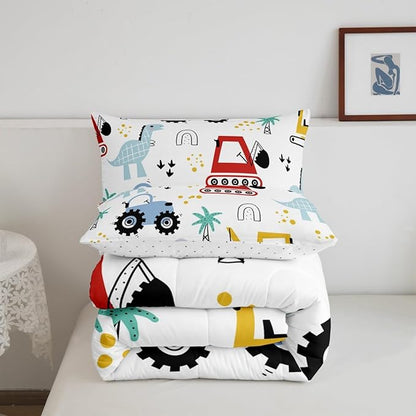 jejeloiu Kids Cartoon Dinosaur Bedding Set Toddle Size Cartoon Car Comforter Set for Boys Girls Construction Excavator Duvet Set Jungle Dino Quilt Set 2Pcs
