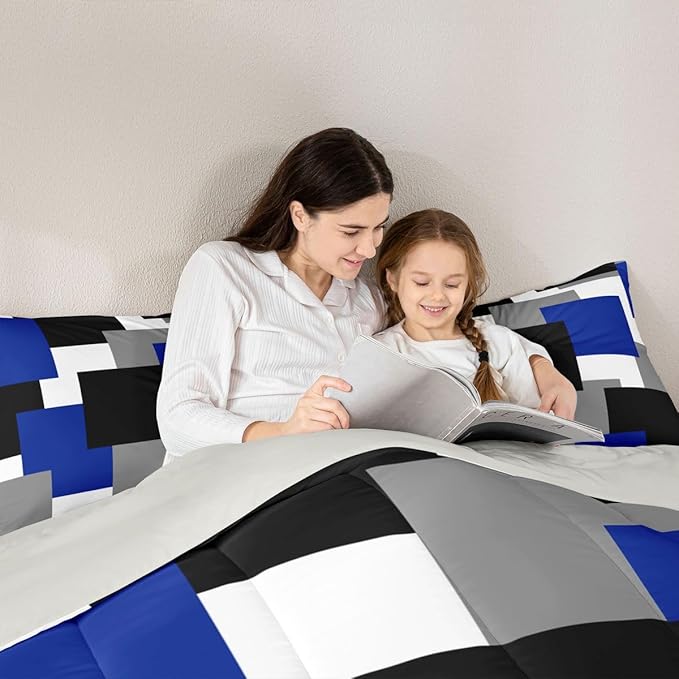 Castle Fairy Blue Grey Black Bed Comforter Set Queen Size,Modern Abstract Art Super Soft Microfiber Bedding Set for Adults Men,Geometric Grid Square Splicing Decorative Comforter Set,3 Pcs