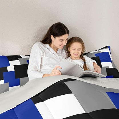 Castle Fairy Blue Grey Black Boys Kids Comforter Set Full Size,Geometric Grid Square Splicing Duvet Set Room Decor,Modern Abstract Art Brushed Microfiber Soft Bedding Comforter