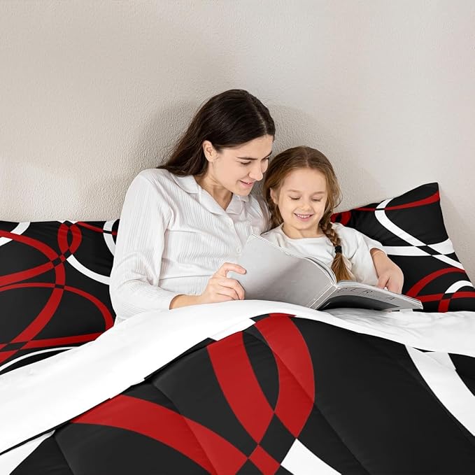 Castle Fairy Black Red White Abstract Stripes Full Size Comforter Set Geometric Circle Bedding Set for Kids Adults Teens Modern Retro Comforter Luxury Geometric Quilt Set Room Decor 3Pcs