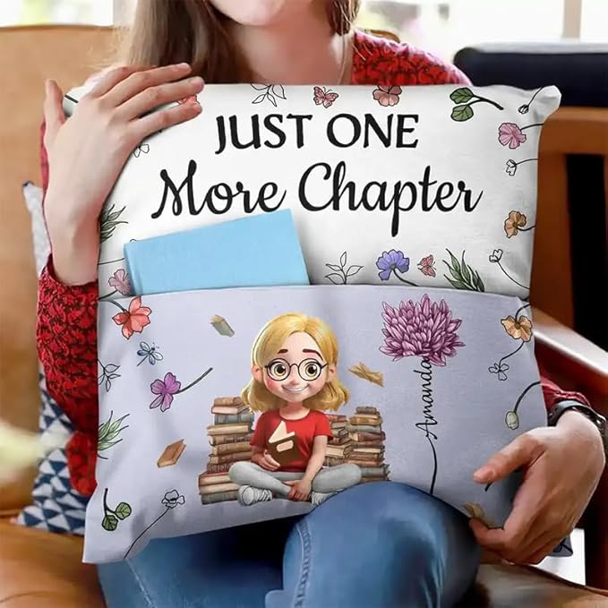 Personalized Pocket Pillow - Birthday Gift, Reading Cushion, Book Lover Keepsake - My Reading Pillow Reading Girl with Birth Month Flower