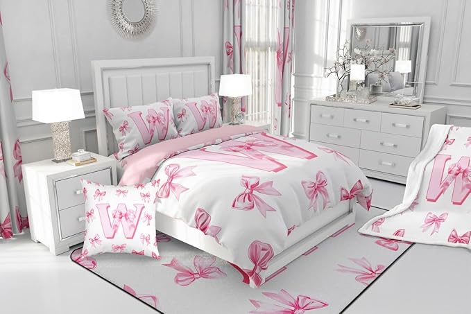 Erosebridal Pink Bowknot Toddler Bedding Set for Girls,Initial Letter W Comforter Set for Kids Teen Women,Pink Watercolor Monogrammed Bedding Comforter Sets Dreamy Princess Bow Quilt Duvet Room Decor