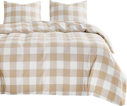 Wake In Cloud - Gingham Comforter Set, Plaid Buffalo Check Checkered Cottagecore Cute Geometric, Soft Lightweight Bedding, 3 Pieces, Beige, Queen Size