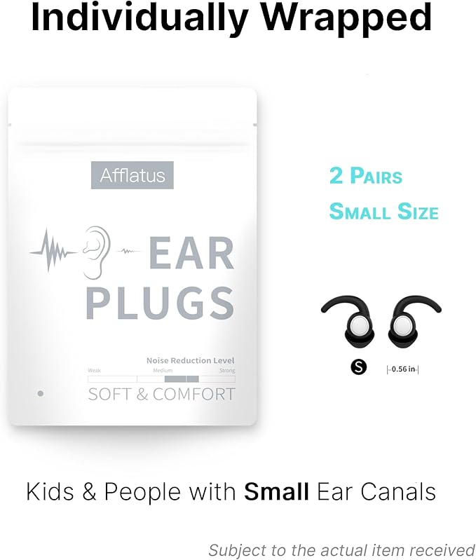 Afflatus Kids Ear Plugs for Sleeping and Small Ear Canls, Age 10-17, Comfort Earplugs for Small Ears, Sleep, Noise Reduction, Concerts, Reusable, Washable (Size S, Pairs*2) (Pack in Bag)
