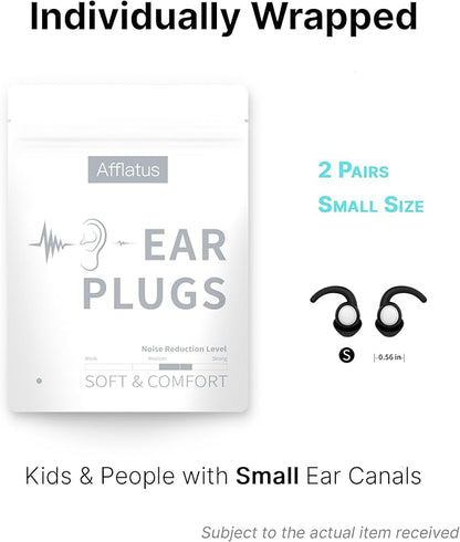 Afflatus Kids Ear Plugs for Sleeping and Small Ear Canls, Age 10-17, Comfort Earplugs for Small Ears, Sleep, Noise Reduction, Concerts, Reusable, Washable (Size S, Pairs*2) (Pack in Bag)