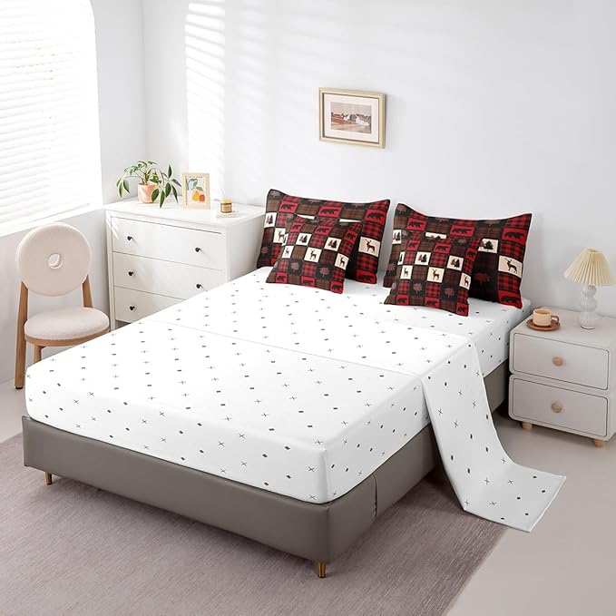 Erosebridal 7 Pcs Cabin Deer Comforter Set Twin Size,Hunting Deer Bed in a Bag with Flat Fitted Sheet for Kids and Adults,Camping Woodland Plaid Bedding Set with Pillowcases and Cushion Cases