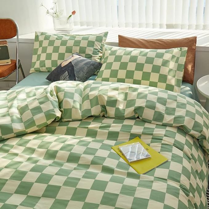 CLOTHKNOW Green White Plaid California King Comforter Set Grid Bedding Comforter Sets Checker Comforter with 2 x Pillow Cases