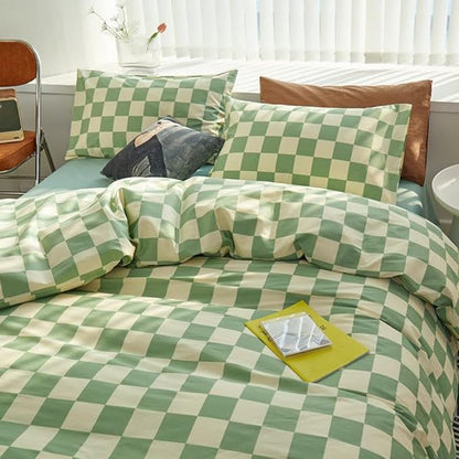 CLOTHKNOW Green White Plaid California King Comforter Set Grid Bedding Comforter Sets Checker Comforter with 2 x Pillow Cases