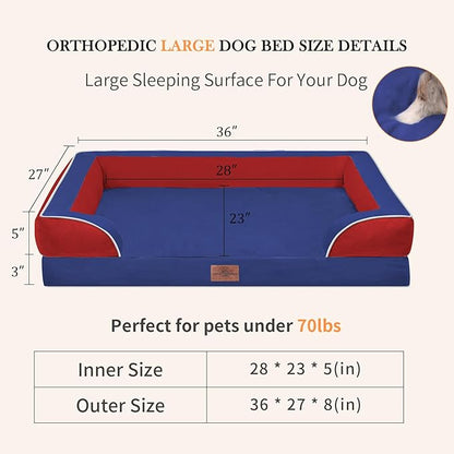 Comfort Expression Orthopedic Dog Bed for Large Dogs 36x27 Inch, Waterproof Egg Crate Foam Large Pet Bed with Removable Bolsters, Dog Couch with Washable Cover & Non-Slip Bottom, Classic Tri-Color