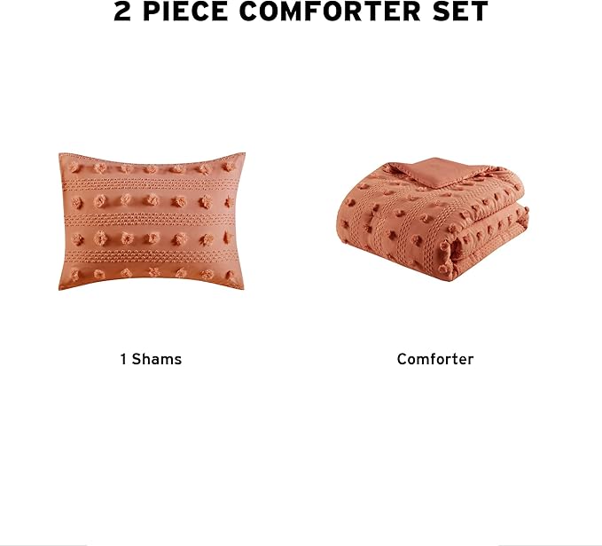 Intelligent Design Twin Comforter Set, Clipped Jacquard Comforter Set Chic Pompoms Accent, All Seasons Lightweight & Fluffy Comforter Bed Set with 1 Sham, Lucy, Twin/Twin XL Rust 2 Piece