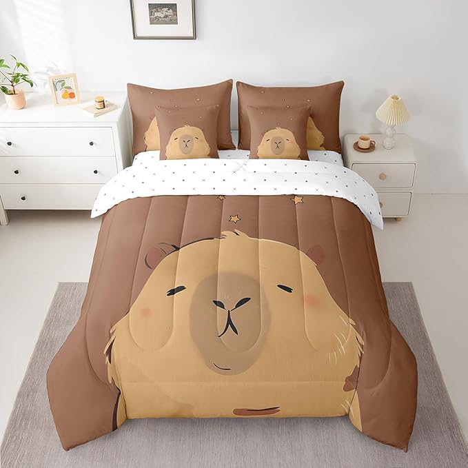 Erosebridal Cartoon Capybara 7 Piece Bedding Set King Size,Zoo Animal Bed in a Bag,Farmhouse Rustic Bed Set Includes Comforter, Sheet Set, Pillowcases & Pillow Covers All Season Bedroom Decor