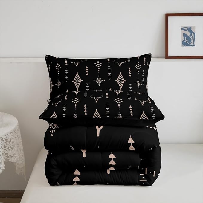 Feelyou Rustic Western Bedding Set Twin Size Kids Western Tribal Bull Skull Comforter Adult Black Brown Boho Ethnic Aztec Cow Pattern Comforter Set