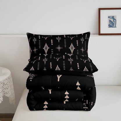 Feelyou Rustic Western Bedding Set King Size Kids Western Tribal Bull Skull Comforter Adult Black Brown Boho Ethnic Aztec Cow Pattern Comforter Set