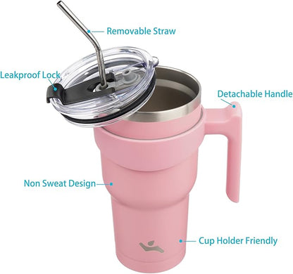 40 oz Tumbler with Handle and 2 Straw 2 Lid, Insulated Water Bottle Stainless Steel Vacuum Cup Reusable Travel Mug, Light Pink