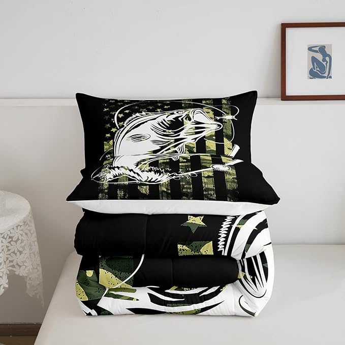 Bass Fishing Comforter Set - Big Pike Fish Camo Bedding for Boys Teens Men - Farmhouse Decor Duvet Insert Army Camouflage American Flag Quilt - Fisherman Hunting Bedspread King
