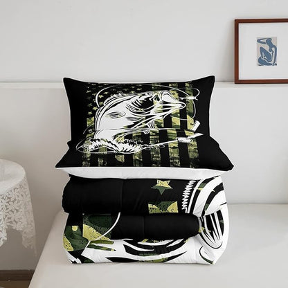 Bass Fishing Comforter Set - Big Pike Fish Camo Bedding for Boys Teens Men - Farmhouse Decor Duvet Insert Army Camouflage American Flag Quilt - Fisherman Hunting Bedspread King