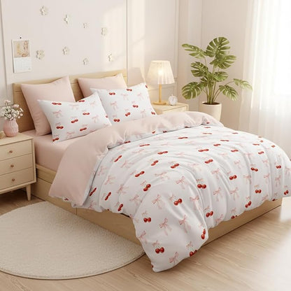 Nayoroom Pink Bow Comforter Set Queen Size Reversible Red Cherry Comforter 3 Pieces Soft Lightweight Kids Girls Cute Aesthetic Dorm