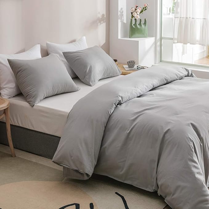 Wellboo Light Grey Comforter Sets King Solid Silver Grey Bedding Comforters Cotton Plain Elegant Gray King Size Quilts Women Men Pure Grey Comforters Aesthetic Japanese Log Style Bedding Lightweight
