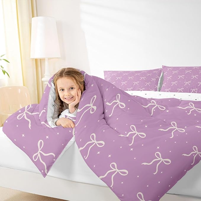 Erosebridal Ribbon Bow Comforter Queen Size Coquette Bowknot Comforter Set Cute Kawaii Preppy Bows Bedding Set for Teen Girls Kids Women Dreamy Princess Purple Aesthetic Quilt Duvet