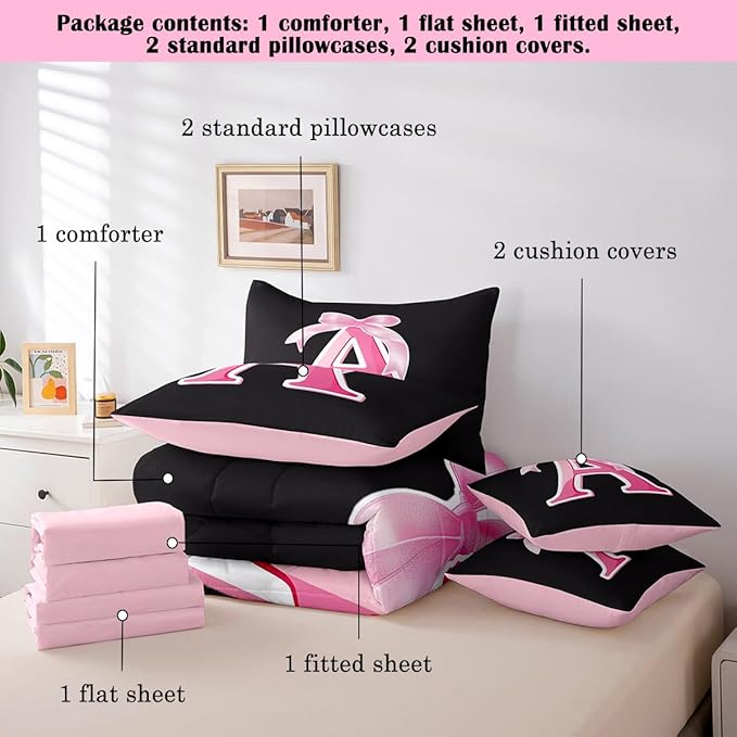 jejeloiu Kids Girls Black Pink Bow Comforter Set with Sheets Queen Size Monogrammed 7 Piece Bedding Set Personalized Initial A Bed in a Bag with Comforter,Sheets,Pillowcases Modern Fashion Bed Set