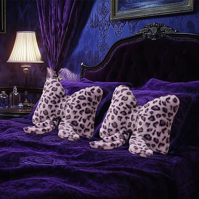 Leopard Print Throw Pillow Furry Bow Plush Pillows Cute Flower Plush Pillow Cheetah Home Decor Stuffed Bow Lumbar Pillow for Bed Couch Living Room Decor (Purple, 16in)