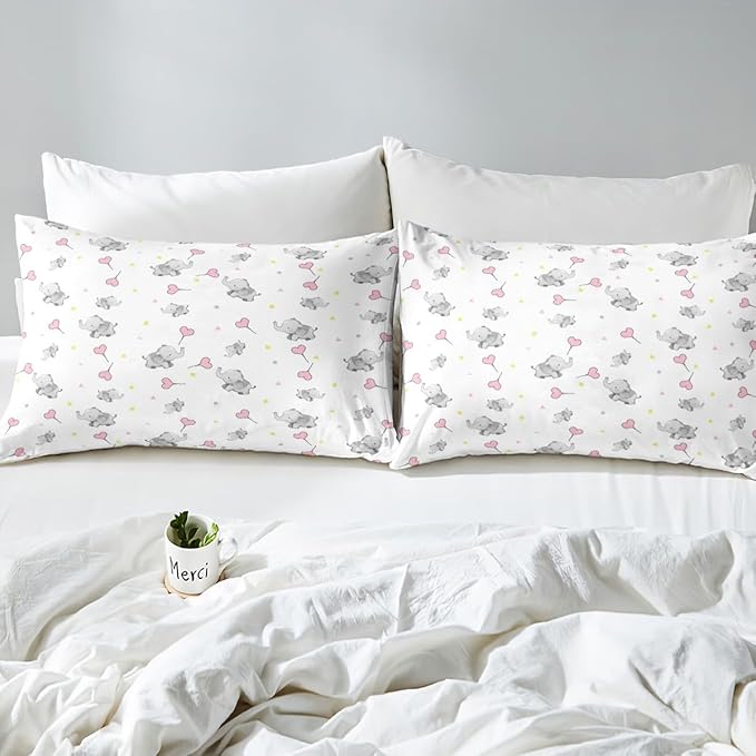 Erosebridal Lovely Elephant Comforter Set for Kids Girls Boys Teens Bedroom,Love Heart Down Comforter for All Season, Kawaii Animal Bedding Set, Cartoon Style Triangle Quilt King Size