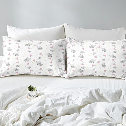 Erosebridal Lovely Elephant Comforter Set for Kids Girls Boys Teens Bedroom,Love Heart Down Comforter for All Season, Kawaii Animal Bedding Set, Cartoon Style Triangle Quilt Queen Size