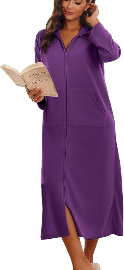 Ekouaer Women Zipper Robe Long Sleeves House Coat Soft Bathrobe Sleepwear with Pockets Housecoat Loungewear