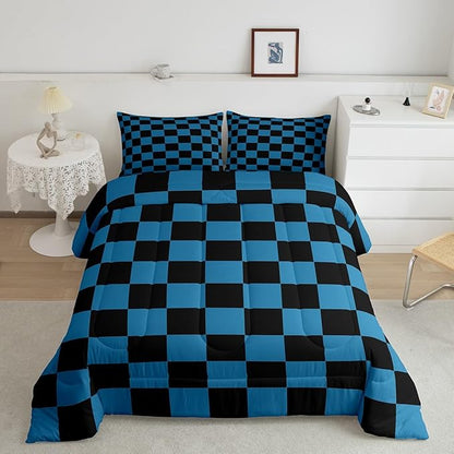 Feelyou Checkered Bedding Set Teen Women Men Blue Black Plaid Comforter Set Full Size Kids Boys Girls Cute Retro Neutral Checkerboard Geometric Duvet Insert Vintage Aesthetic Room Decor