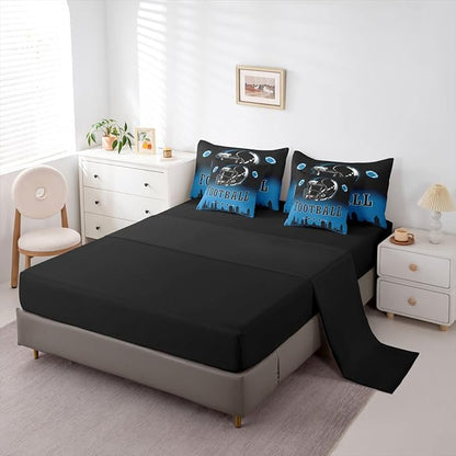 Erosebridal American Soccer 7 Piece Bedding Set Football City King Comforter Set with Sheets for Kids Boys Teen,Rugby Sports Games Bed in A Bag Black Blue Sheet Set with Comforter