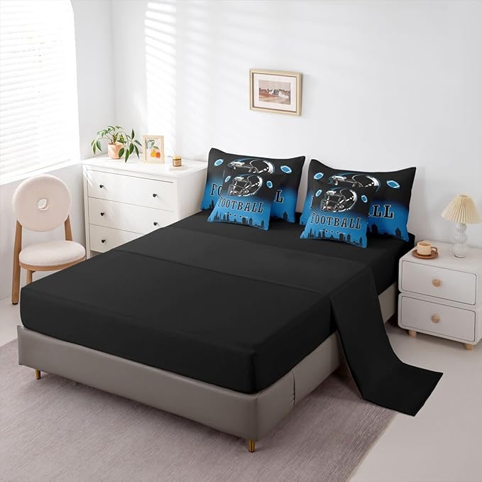 Erosebridal American Soccer 7 Piece Bedding Set Football City Twin Comforter Set with Sheets for Kids Boys Teen,Rugby Sports Games Bed in A Bag Black Blue Sheet Set with Comforter