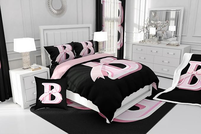 jejeloiu Kids Girls Black Pink Bow Comforter Set with Sheets King Size Monogrammed 7 Piece Bedding Set Personalized Initial B Bed in a Bag with Comforter,Sheets,Pillowcases Modern Fashion Bed Set