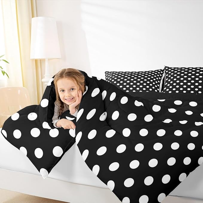 Manfei Polka Dots Comforter Set Full Size,Cartoon French Style Dots Black White Bedding Set for Child Young,Modern Geometric Circles Abstract Simple Art Comforter,3 Pcs 2 Pillowcases