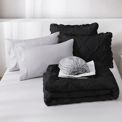 JOLLYVOGUE Black/Gray Bed in a Bag Comforter Set for Bedroom, Pintuck Full Size Comforter Sets 7 Pieces, Bedding Comforter Sets with Comforter, Sheets,Ruffled Shams & Pillowcases