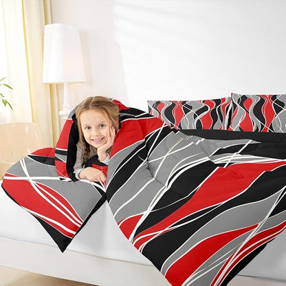 Erosebridal Abstract Bedding King Aesthetic Geometric Comforter Set, Black Gray Red Stripe Down Comforter Modern Artwork Bed Set, Colorful Quilted Duvet 3 Pieces with 2 Pillow Cases