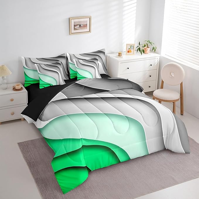 Erosebridal Grey Green Gradient Bed in a Bag 7-Piece Kids Teens Adults Geometric Stripe Bedding Set, Aesthetic Wave Queen Size Comforter Set Modern Abstract Bedding Comforter Sets, Ombre Bed Set