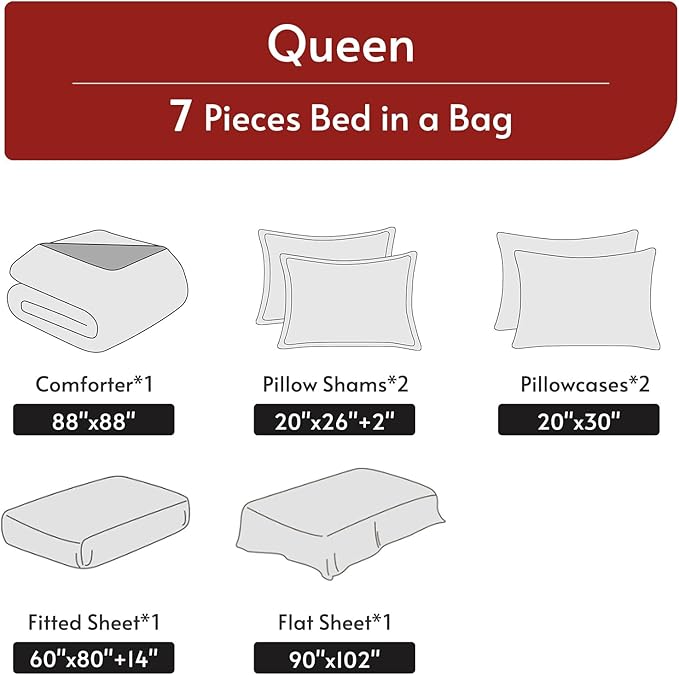 MUXHOMO 7 Pieces Queen Comforter Set, Reversible Bed in a Bag Queen Size, All Season Bedding Set with Comforter, Flat Sheet, Fitted Sheet, Pillowcases & Shams, Red & Black
