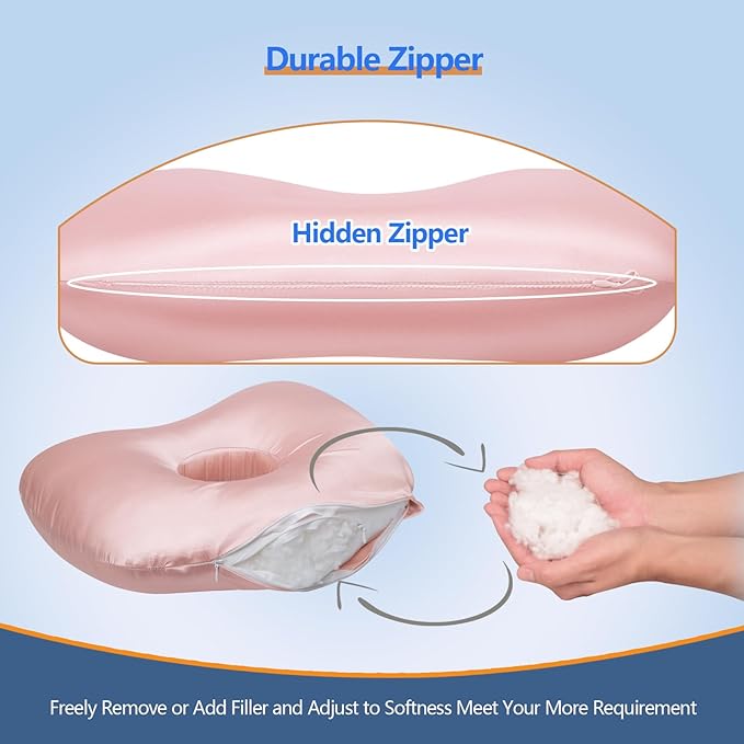 Ear Piercing Pillow for Side Sleepers, Pillow with an Ear Hole for CNH and Ear Pain Ear Inflammation Pressure Sores (Light Pink Silk, 17.3"x12.6"x2")