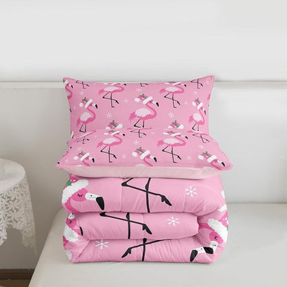 Red Birds Wild Animal Boys Girls Comforter Set Full Size,Flamingo Duvet Set Teens Bedroom Decor,Merry Christmas Pink Microfiber Soft Bedding
