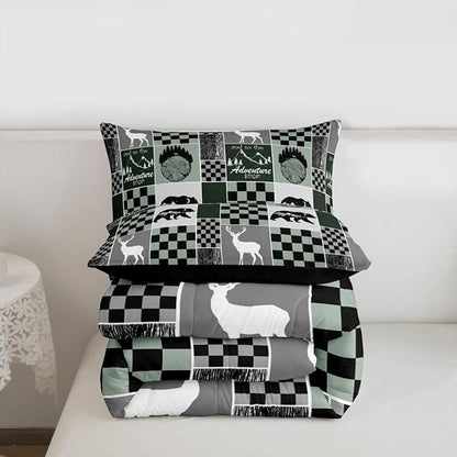 Rustic Cabin Lodge Bedding King Size, Bear Deer Wildlife Comforter Set For Kids Teens Adult, Country Forest Hunting Wild Animal Duvet Insert Retro Plaid Patchwork Down Comforter Farmhouse Decoration
